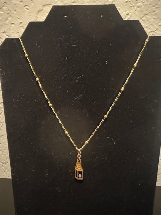 None Jewelry - Inspired Delicate Gold Bead Necklace with Miniature Lipstick Pendant
